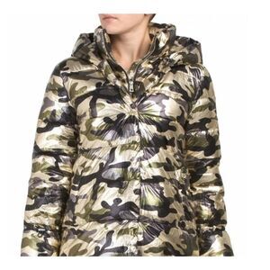 Betsey Johnson Sz S Metallic Gold Camouflage Puffer Coat w Hood Y2K Drama Indie